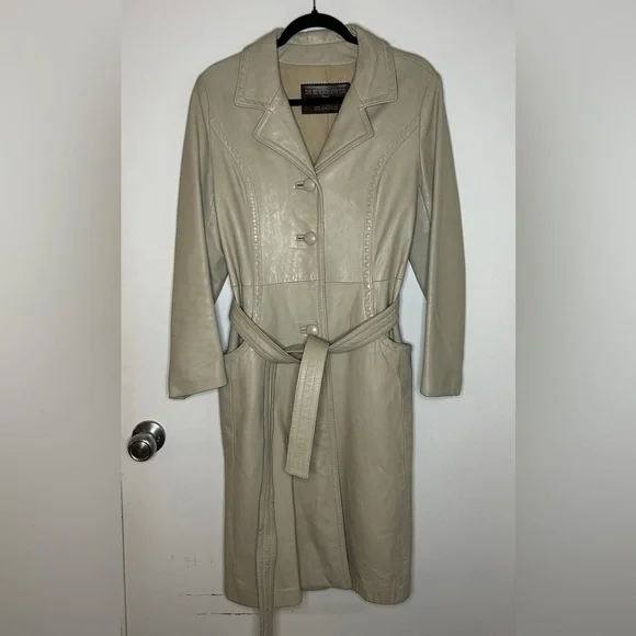 Vintage Taupe/Beige Leather Belted Trench Coat 24K by Dan di Modes Size S/M - Picture 1 of 16